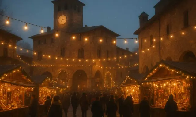 Mercatino natalizio a Grazzano Visconti, con bancarelle illuminate e gente che passeggia. Un'atmosfera magica per scoprire tante cose da fare a Grazzano Visconti.