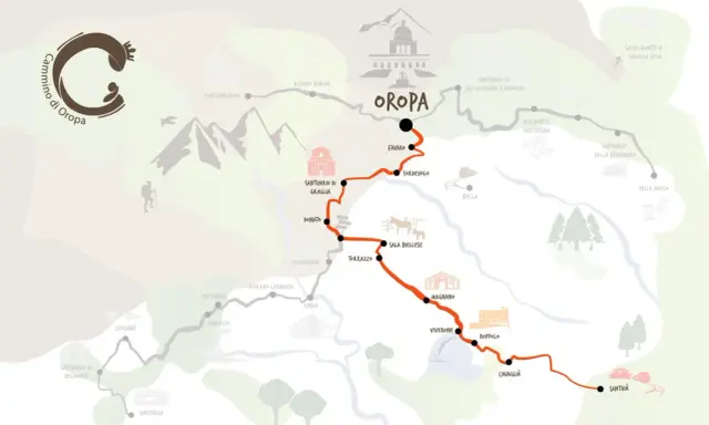 Mappa stilizzata del Cammino di Oropa, con sentieri, santuari e località.