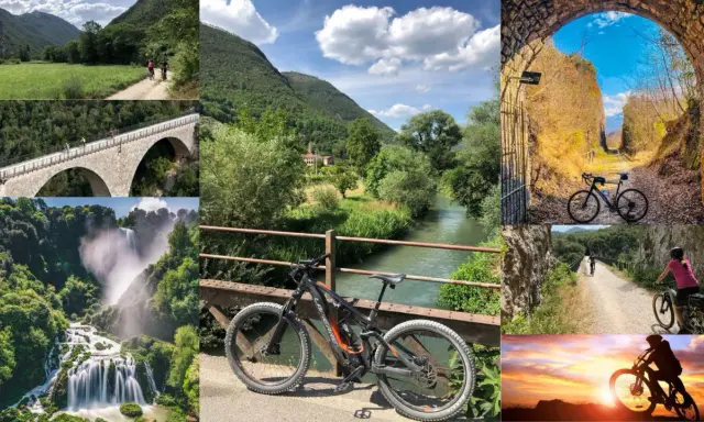 Ciclisti sul **Spoleto Norcia trail**: ponti, cascate, tunnel e panorami mozzafiato.