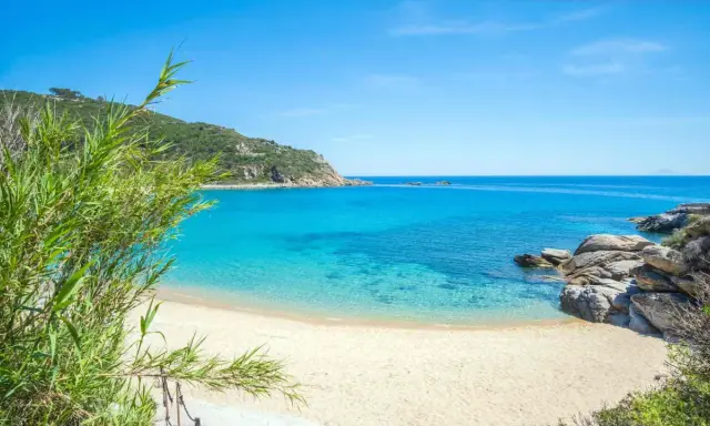 Spiaggia incantevole con sabbia bianca toscana, acque cristalline e vegetazione rigogliosa.