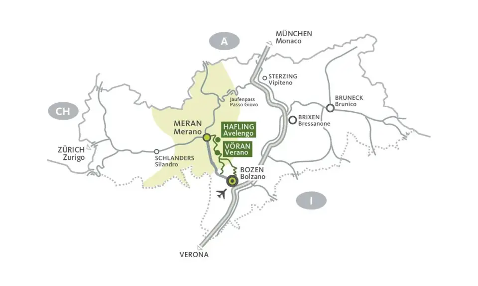 Mappa che mostra la posizione di Merano, con collegamenti a Zurigo, Monaco, Verona e altre località in Alto Adige.