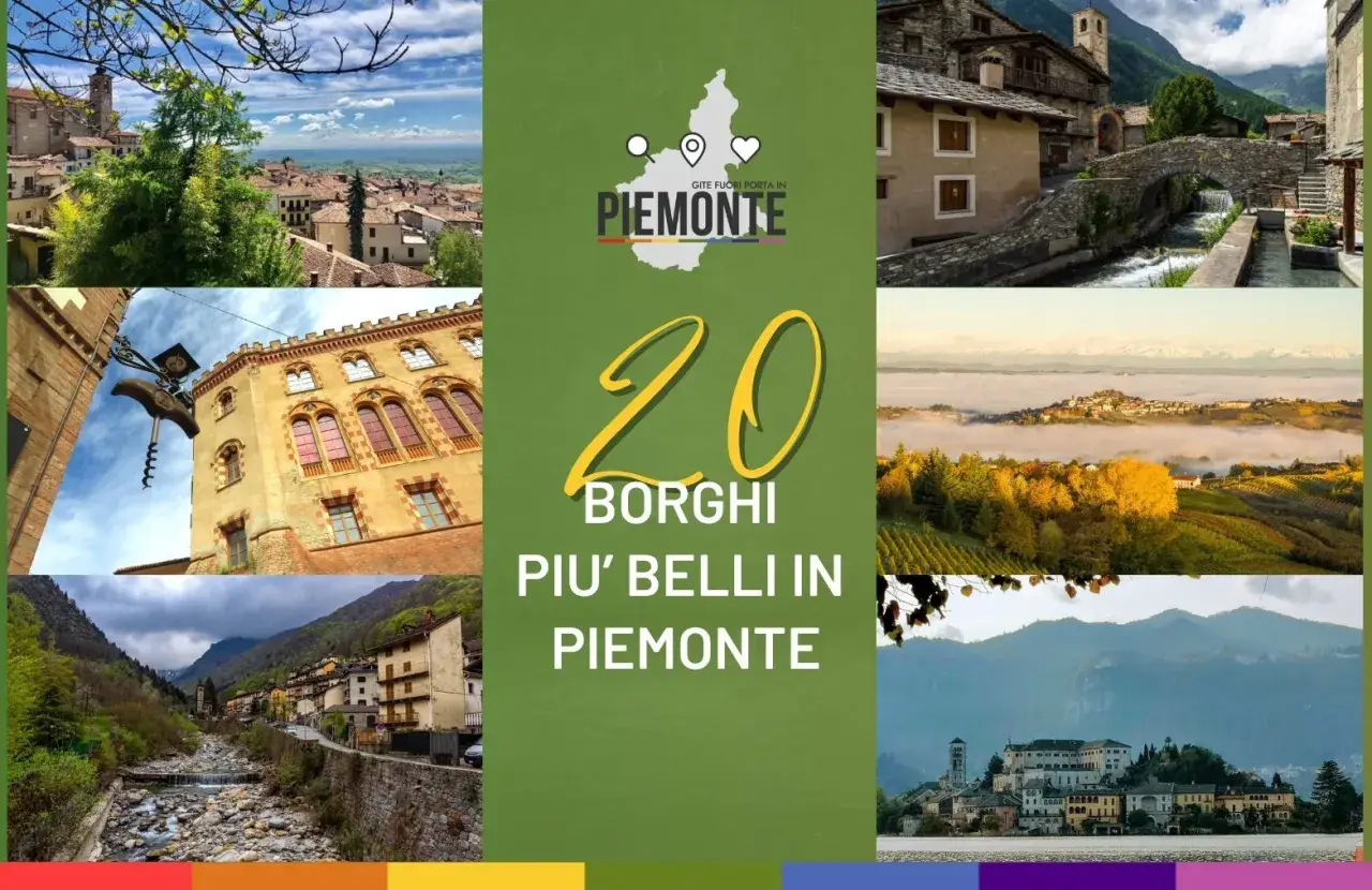 Collage di immagini che mostrano scorci di **borghi da visitare in Piemonte**, con il numero 20 e la scritta "Borghi più belli in Piemonte".