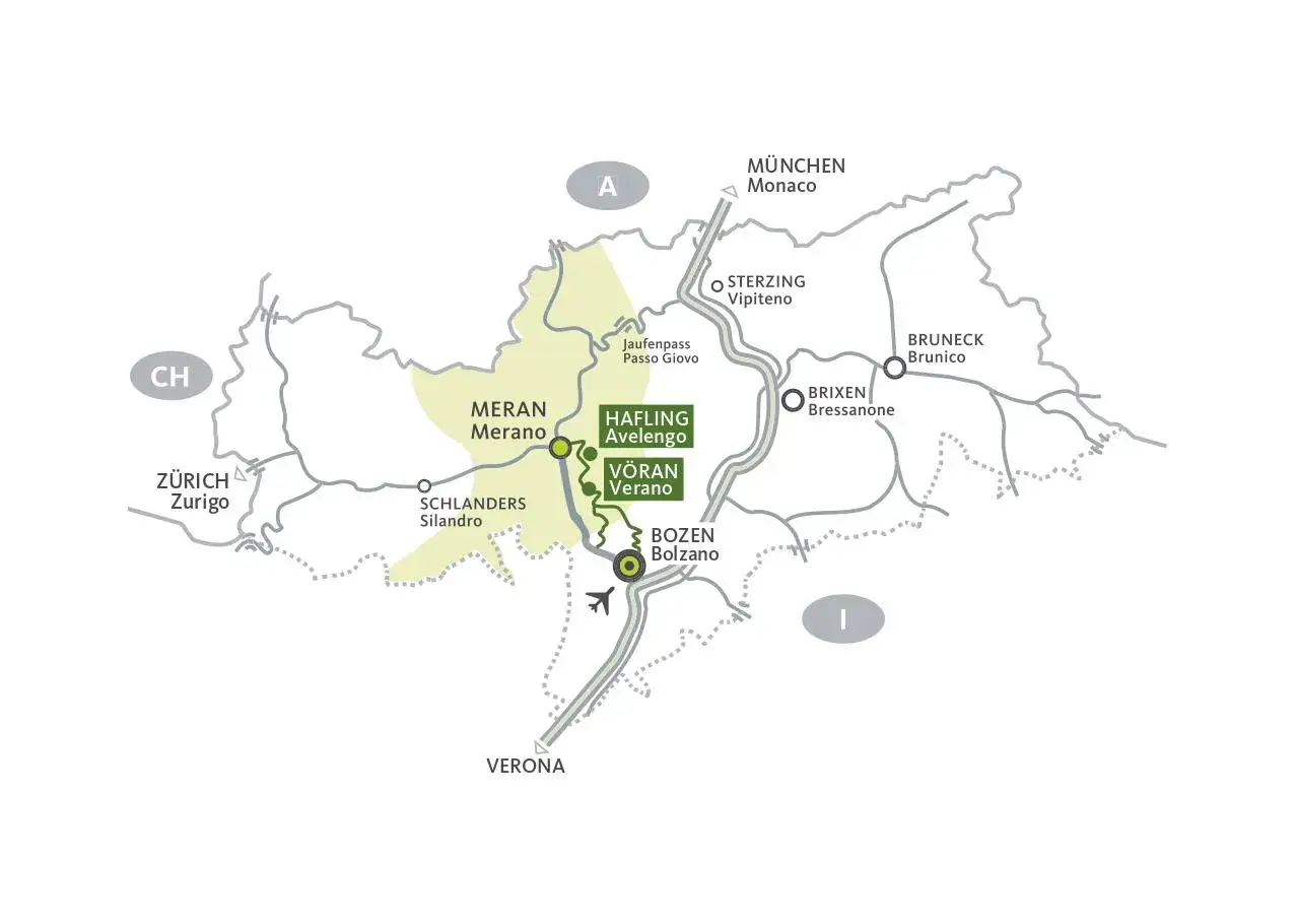 Mappa che mostra la posizione di Merano, con collegamenti a Zurigo, Monaco, Verona e altre località in Alto Adige.
