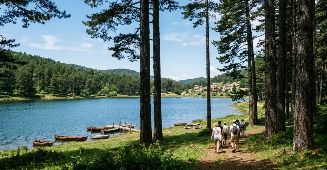 Un gruppo di escursionisti cammina lungo un sentiero alberato che porta al lago della Sila, con barche ormeggiate sulla riva.