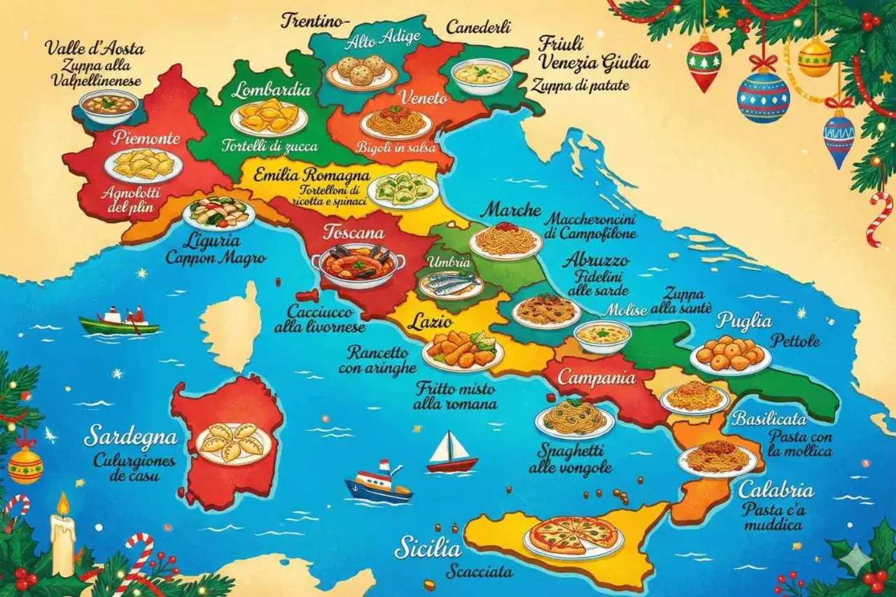Mappa illustrata dei piatti italiani più buoni, con specialità regionali come tortelli, agnolotti, cacciucco e scacciata.