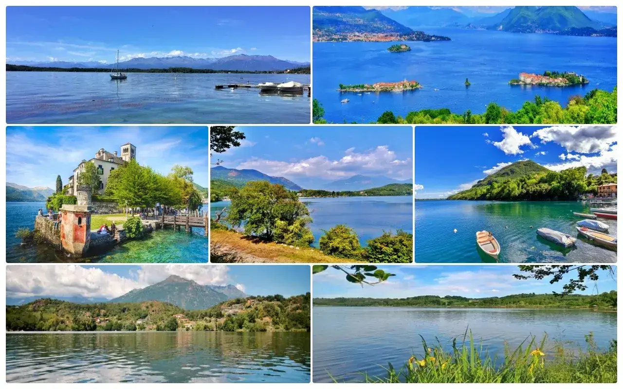 Splendidi scorci di un lago vicino Torino, con isole, montagne e barche. Un'oasi di pace.