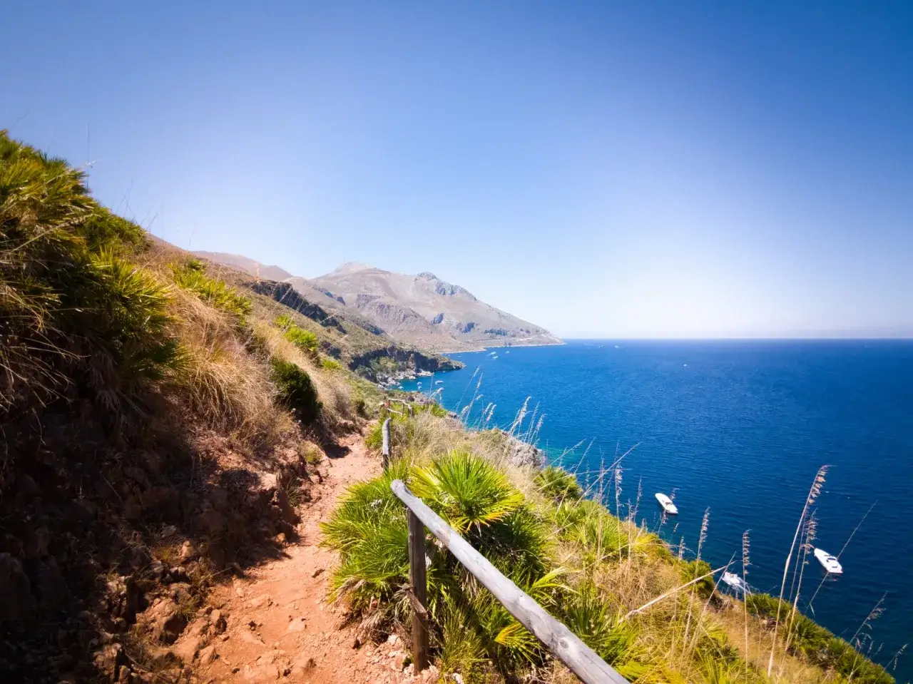 Sentiero panoramico nella Riserva dello Zingaro, con vista sul mare blu e montagne.