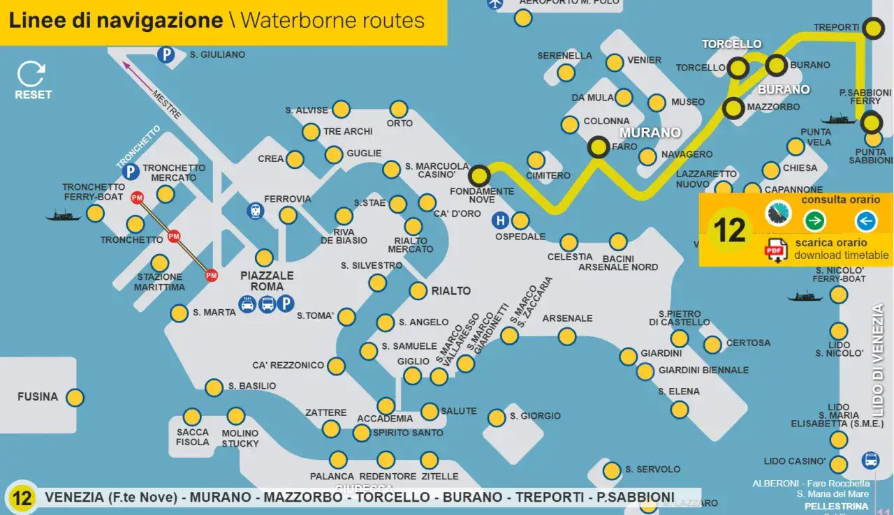 La linea 12 mostra come arrivare a Murano da Venezia, passando per Mazzorbo, Torcello e Burano.
