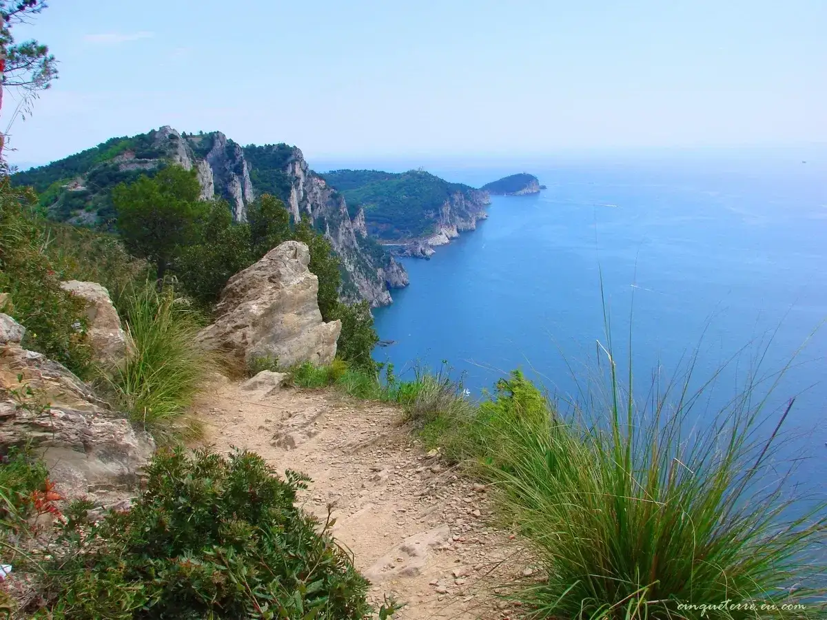 Sentiero roccioso con vista mozzafiato sul mare blu e scogliere verdi, perfetto per un'escursione Cinque Terre.