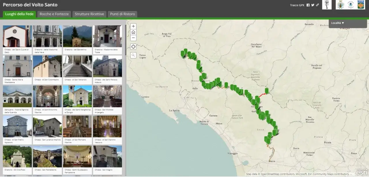 Mappa del percorso del Volto Santo, con icone verdi che segnano tappe lungo la via Matildica del Volto Santo.