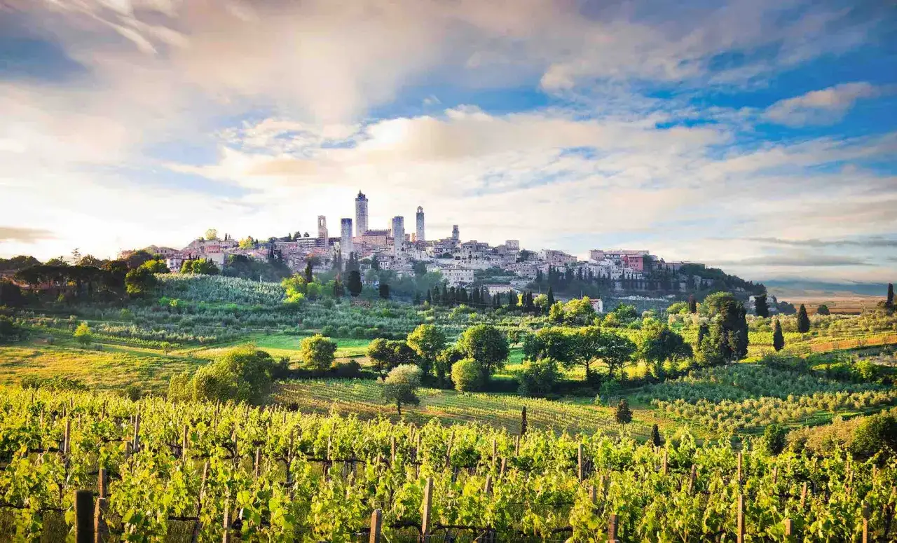 San Gimignano, uno dei borghi da visitare in Toscana, domina un paesaggio di vigneti e uliveti sotto un cielo nuvoloso.