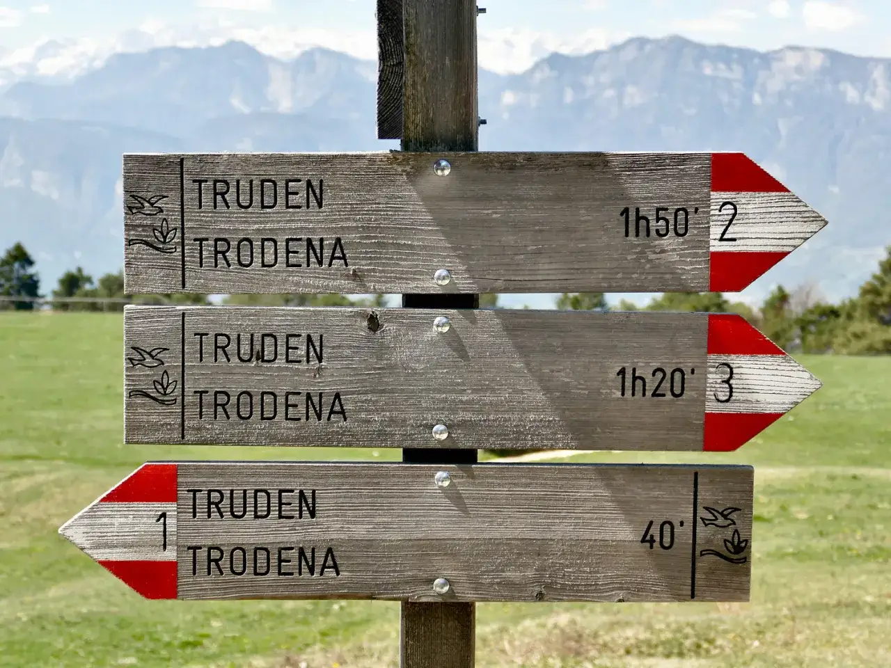 Cartello con indicazioni per il sentiero di montagna: Truden/Trodena, con tempi di percorrenza e numeri di sentiero.