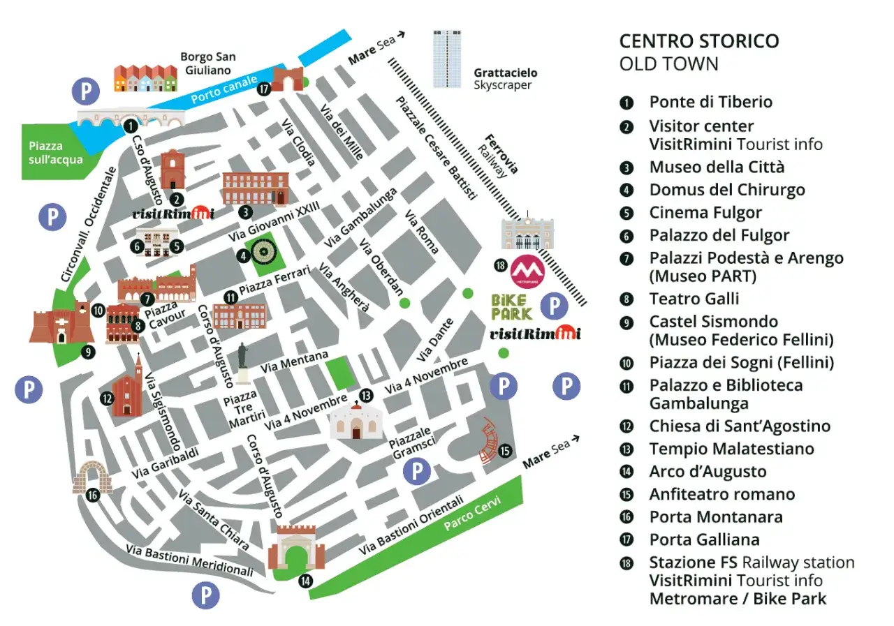 Mappa del centro storico di Rimini, ideale per scoprire cosa vedere a Rimini in un giorno: dal Ponte di Tiberio al Tempio Malatestiano.