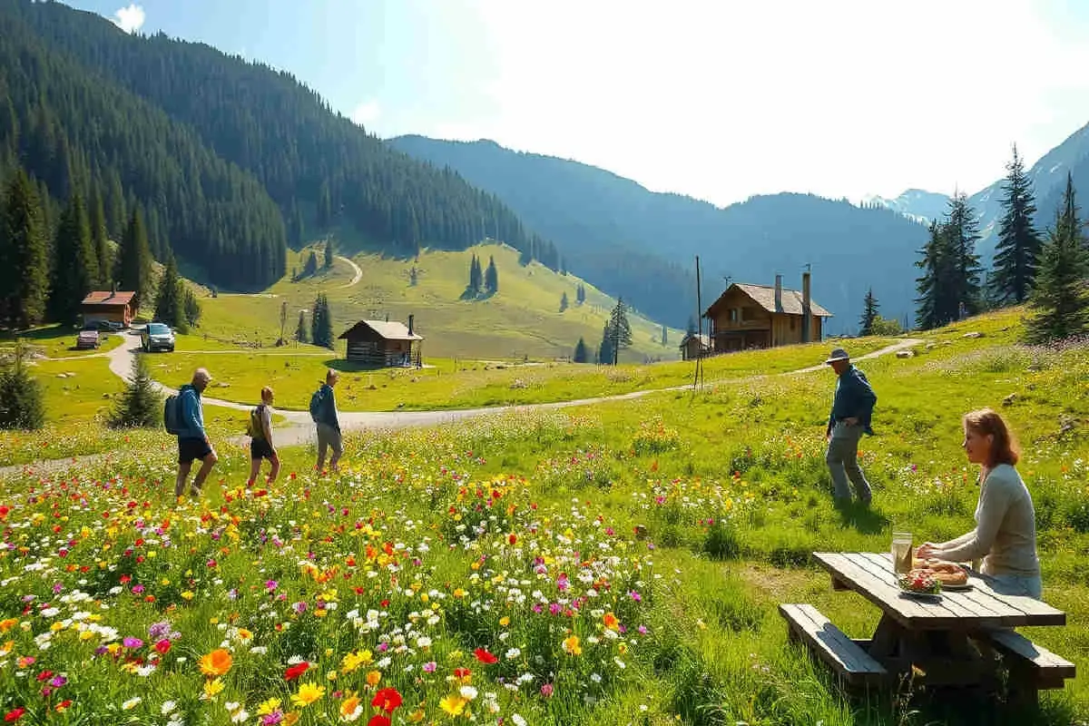 Passeggiata tra i fiori colorati verso le malghe dell'Alto Adige, con casette in legno e montagne verdi.