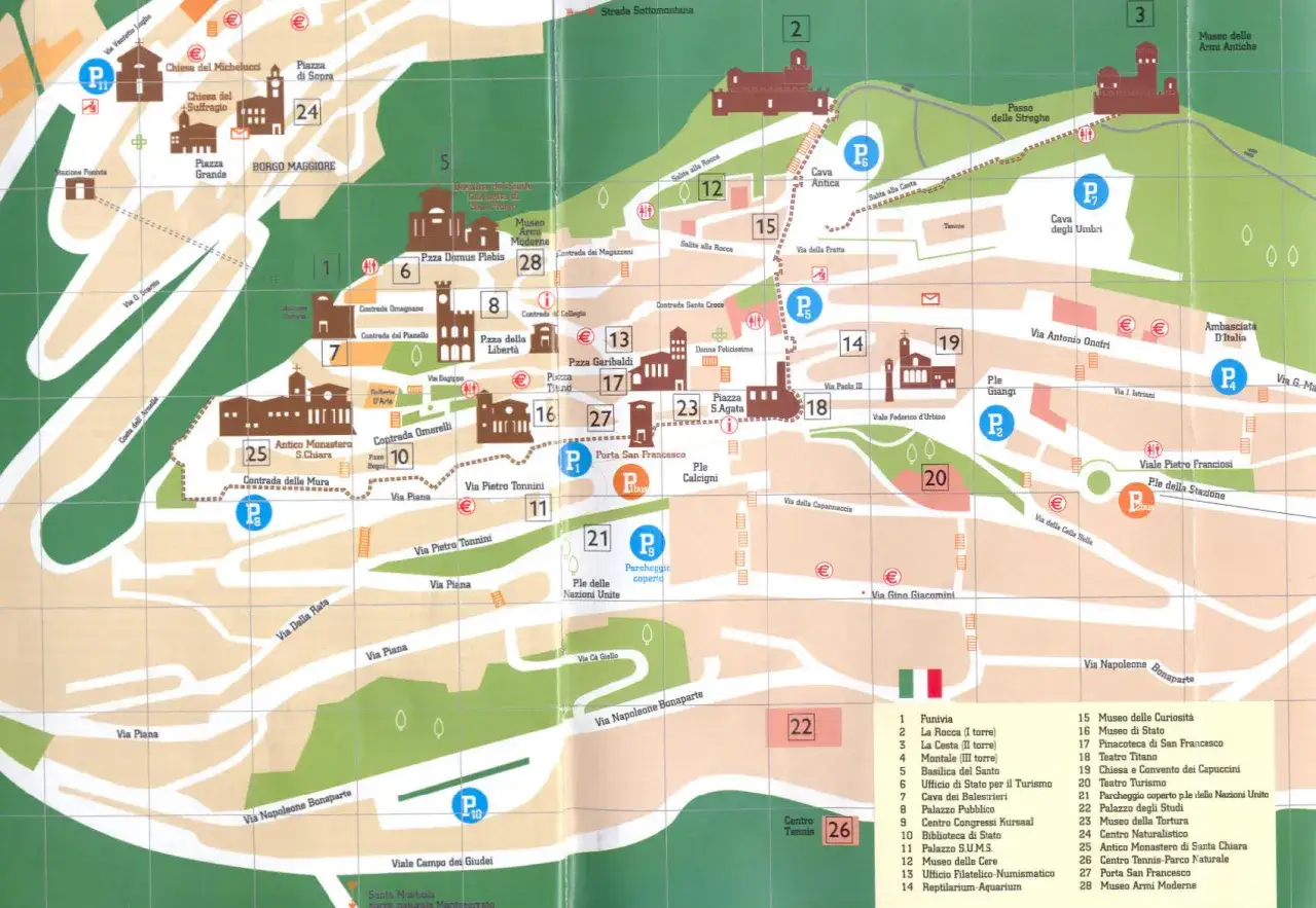 Mappa di San Marino: esplora la citt&agrave; con i suoi musei, chiese e punti panoramici. Scopri dove si trova San Marino e come muoverti.