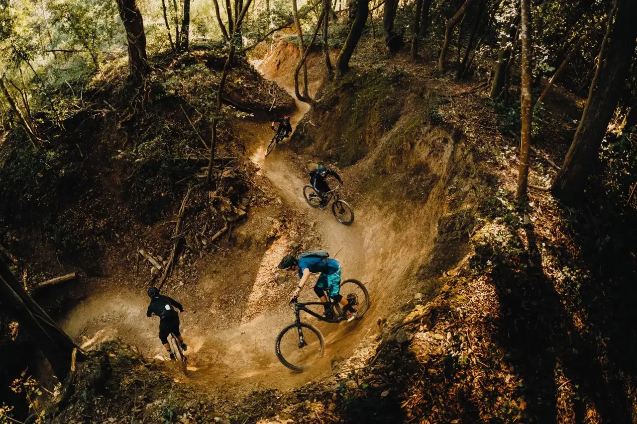 Ciclisti su sentieri sterrati in un bosco, esplorando i percorsi MTB Toscana con agilità e passione.