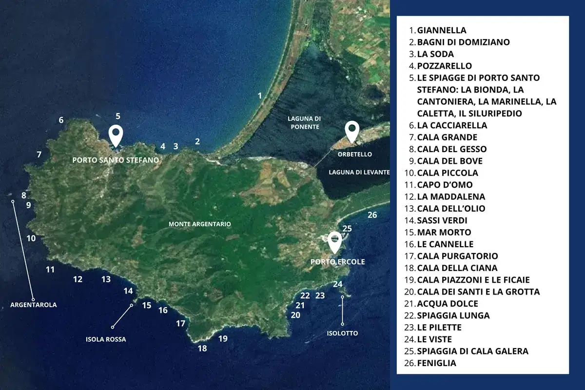 Mappa del Monte Argentario con le spiagge di Porto Ercole e Porto Santo Stefano, tra cui la Spiaggia di Cala Galera.