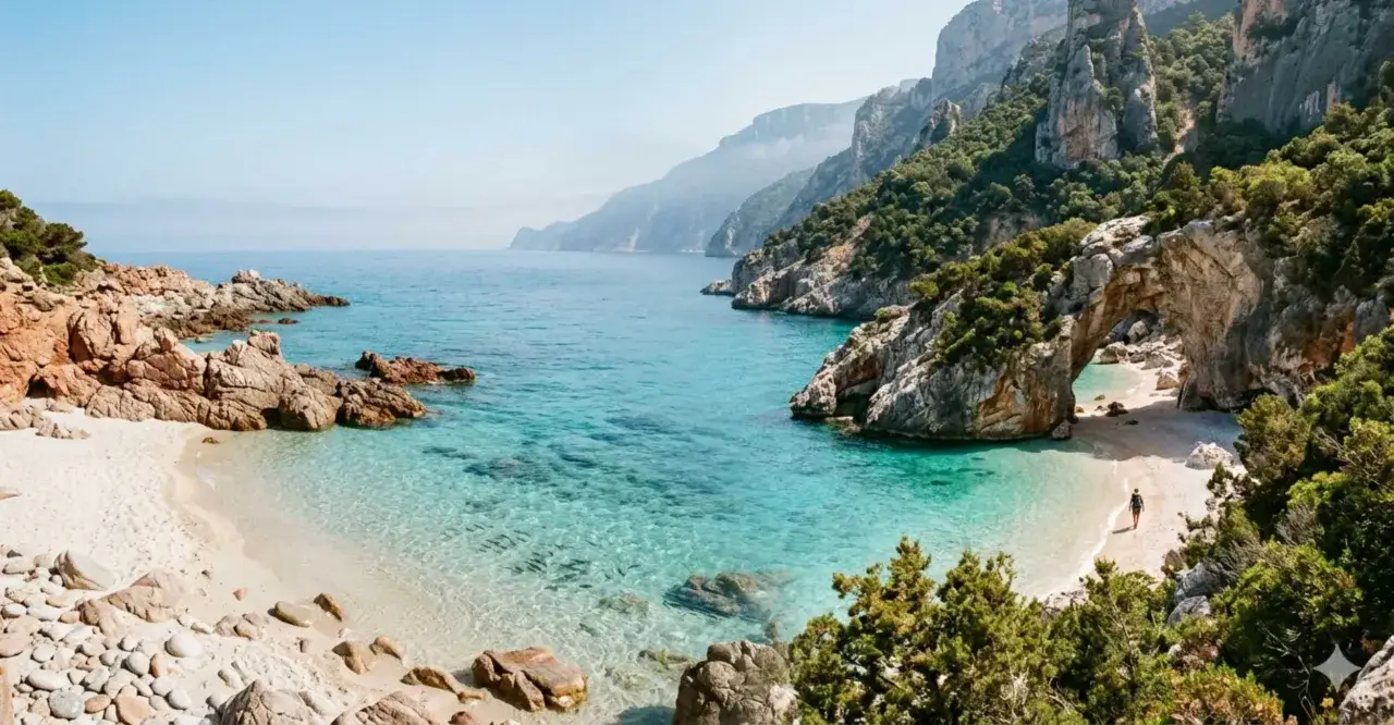 Un uomo cammina su una delle spiagge deserte Italia, con acque cristalline e rocce imponenti.