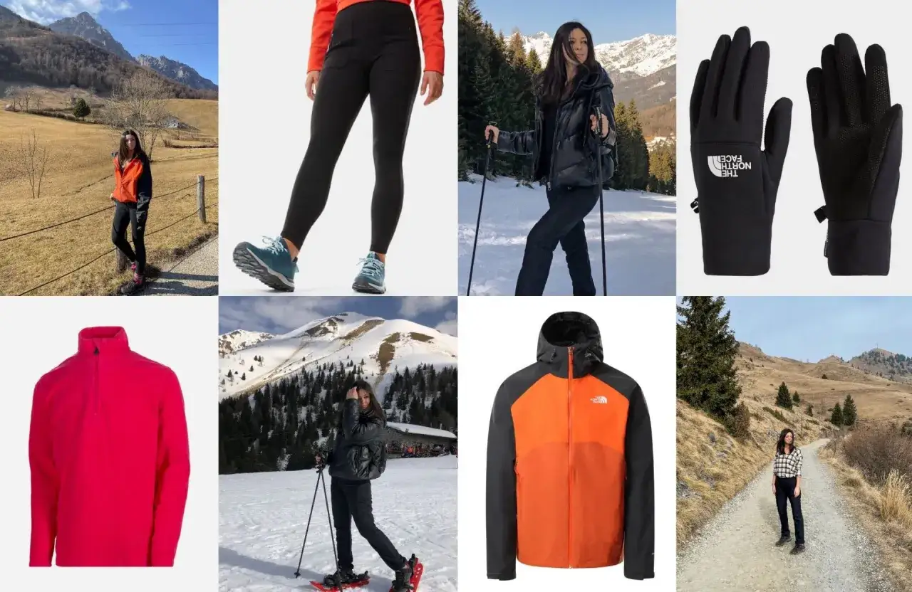 Ragazza con abbigliamento tecnico pronto per camminare sulla neve in montagna, tra cui giacche, pantaloni, guanti e scarpe.