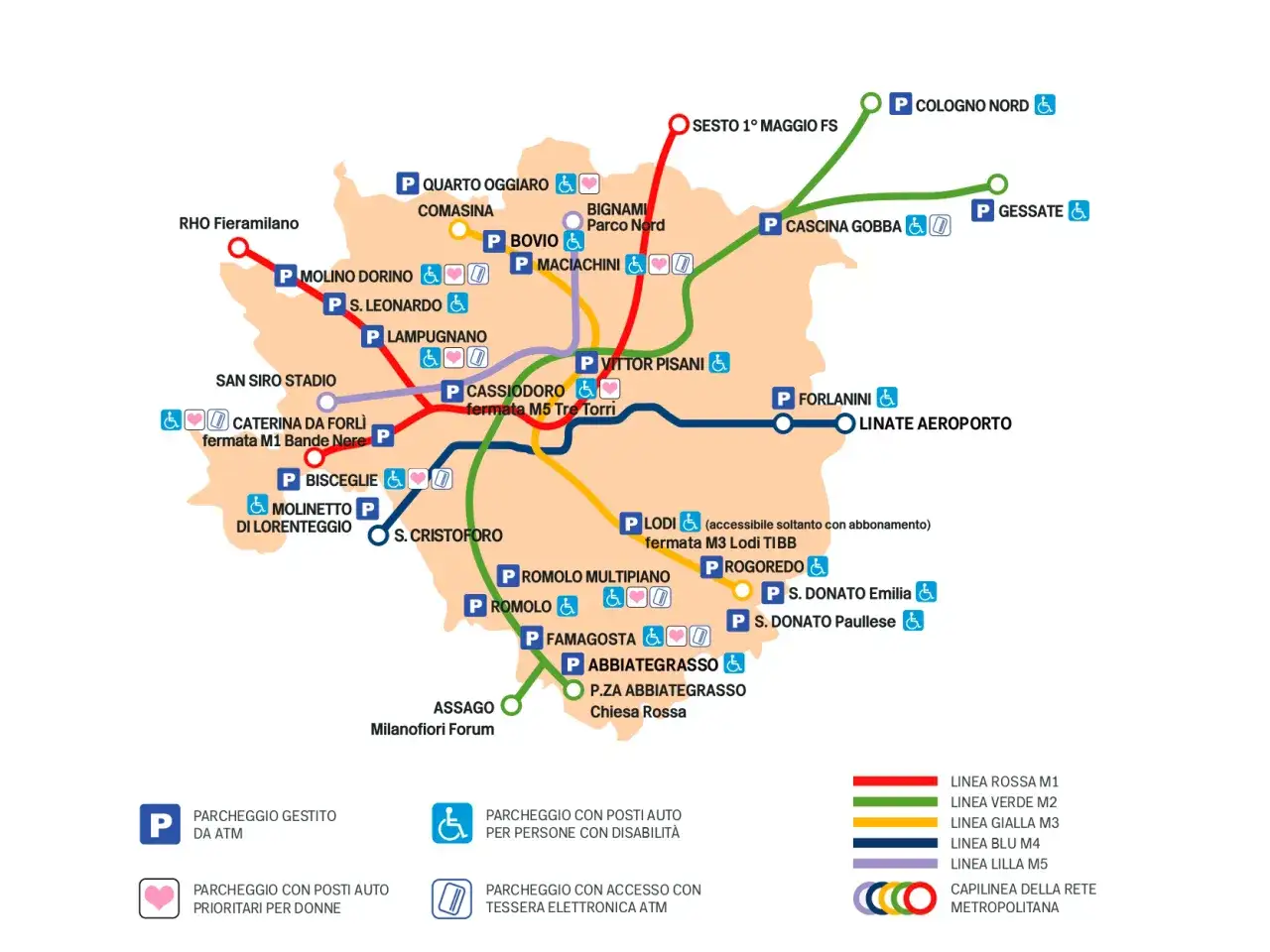 Mappa della metropolitana milanese, con indicazioni su dove si trova Monza tramite le linee M1 e M5.