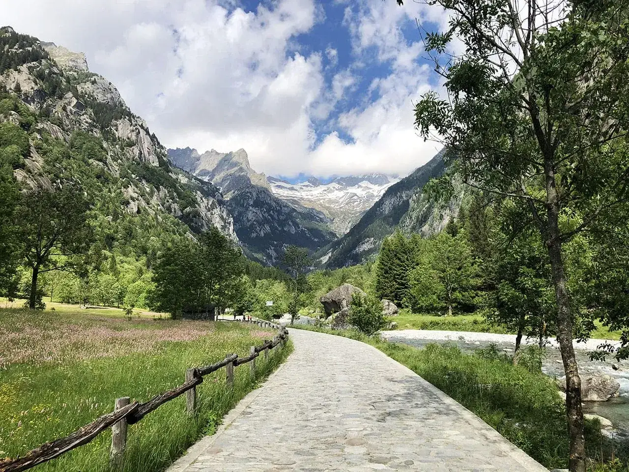 Sentiero in Val Masino, tra prati fioriti e montagne innevate. Un luogo incantevole da scoprire, con un fiume cristallino che scorre accanto.