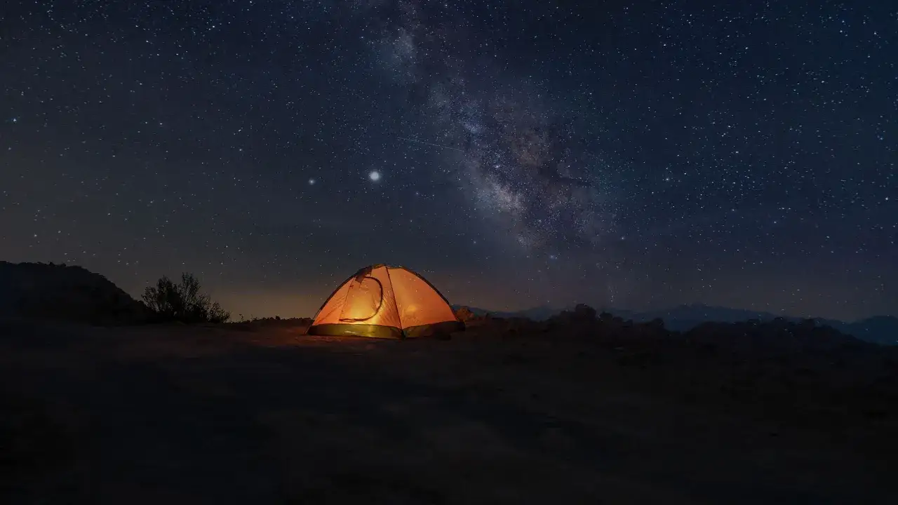 Tenda illuminata sotto la Via Lattea. Un invito a dormire in tenda sotto un cielo stellato mozzafiato.