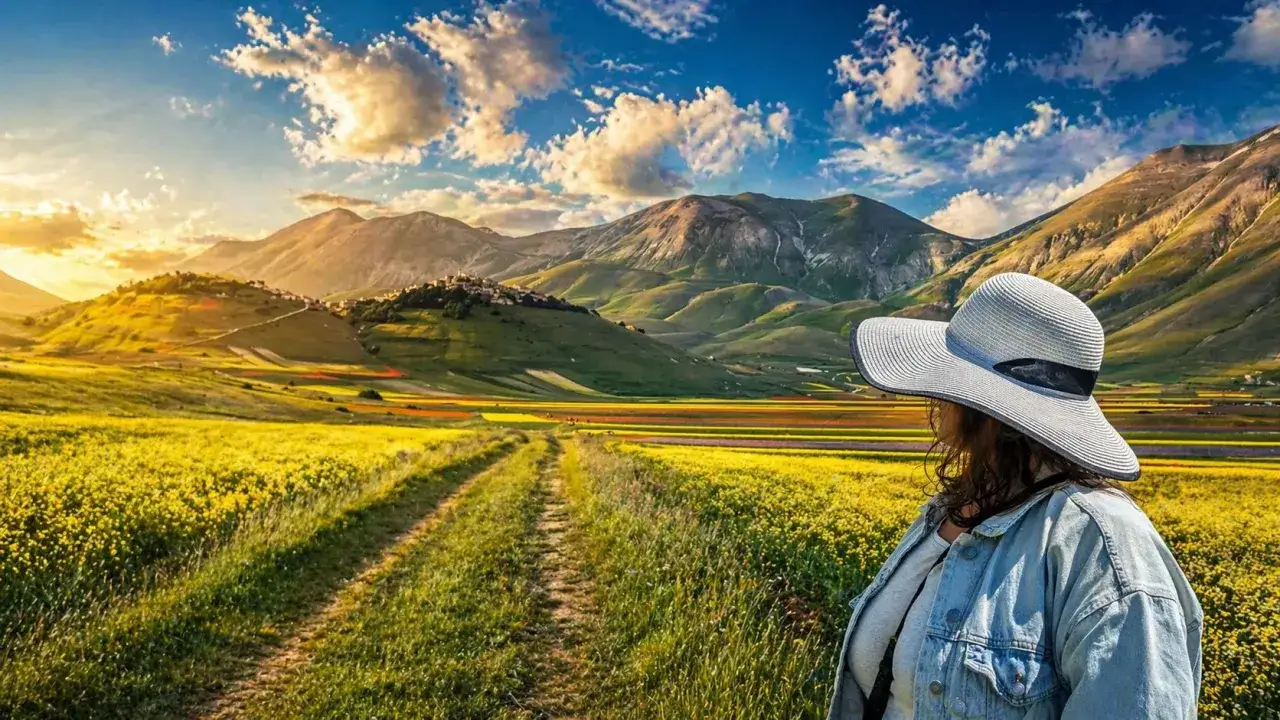 Donna con cappello ammira il Val di Norcia fiorito, con montagne sullo sfondo al tramonto.
