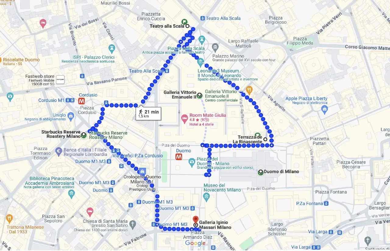Percorso a piedi per scoprire cosa visitare a Milano in un giorno: Duomo, Galleria Vittorio Emanuele II, Teatro alla Scala e altro.