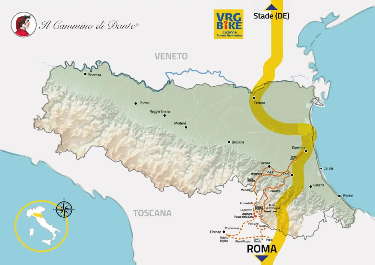 Mappa del Cammino di Dante, con le tappe che collegano Firenze a Roma, passando per Bologna, Ferrara e Ravenna.