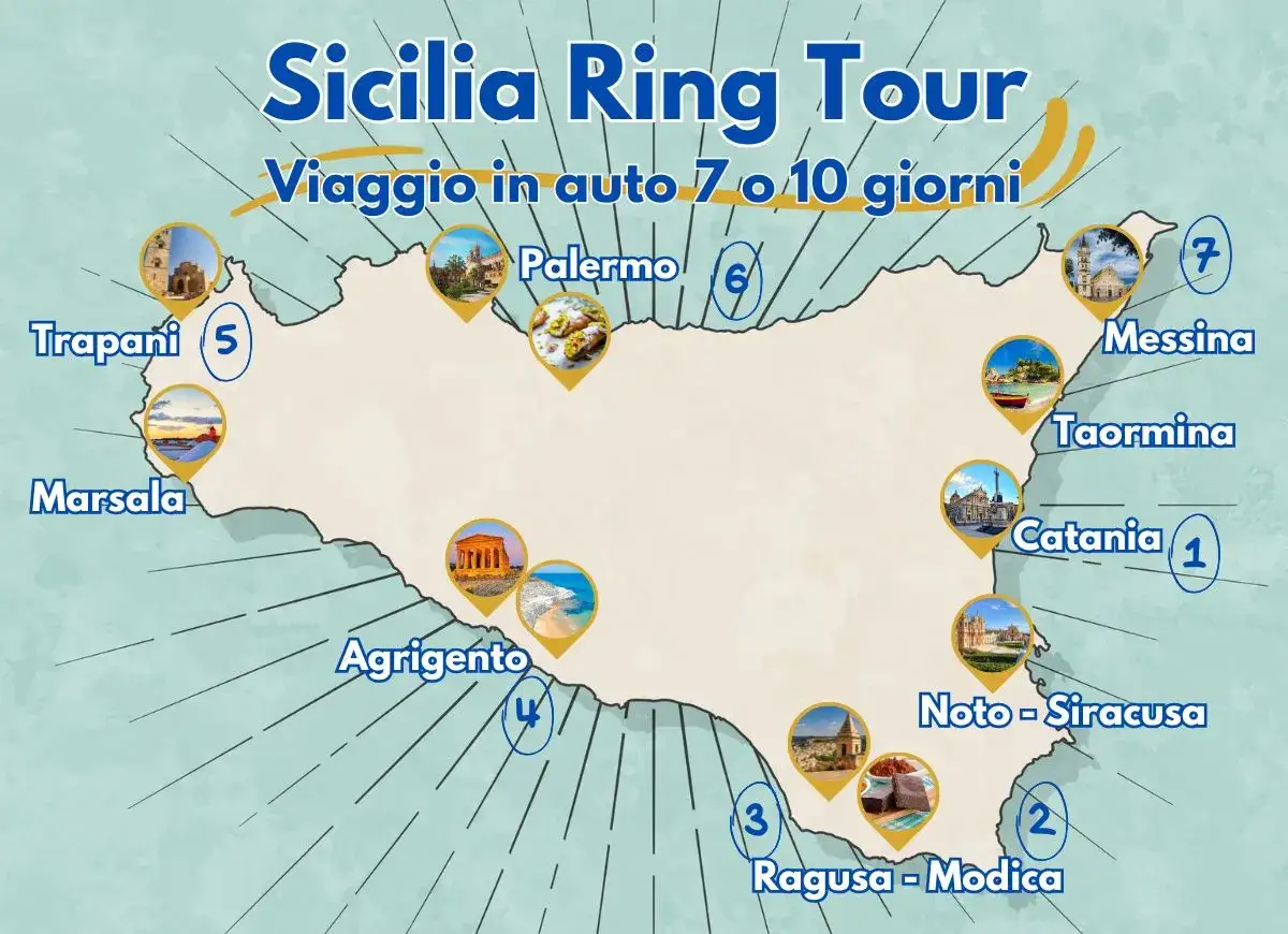 Mappa del tour Sicilia in auto: un viaggio di 7 giorni tra Palermo, Agrigento, Ragusa, Noto, Catania, Taormina, Messina, Trapani e Marsala.
