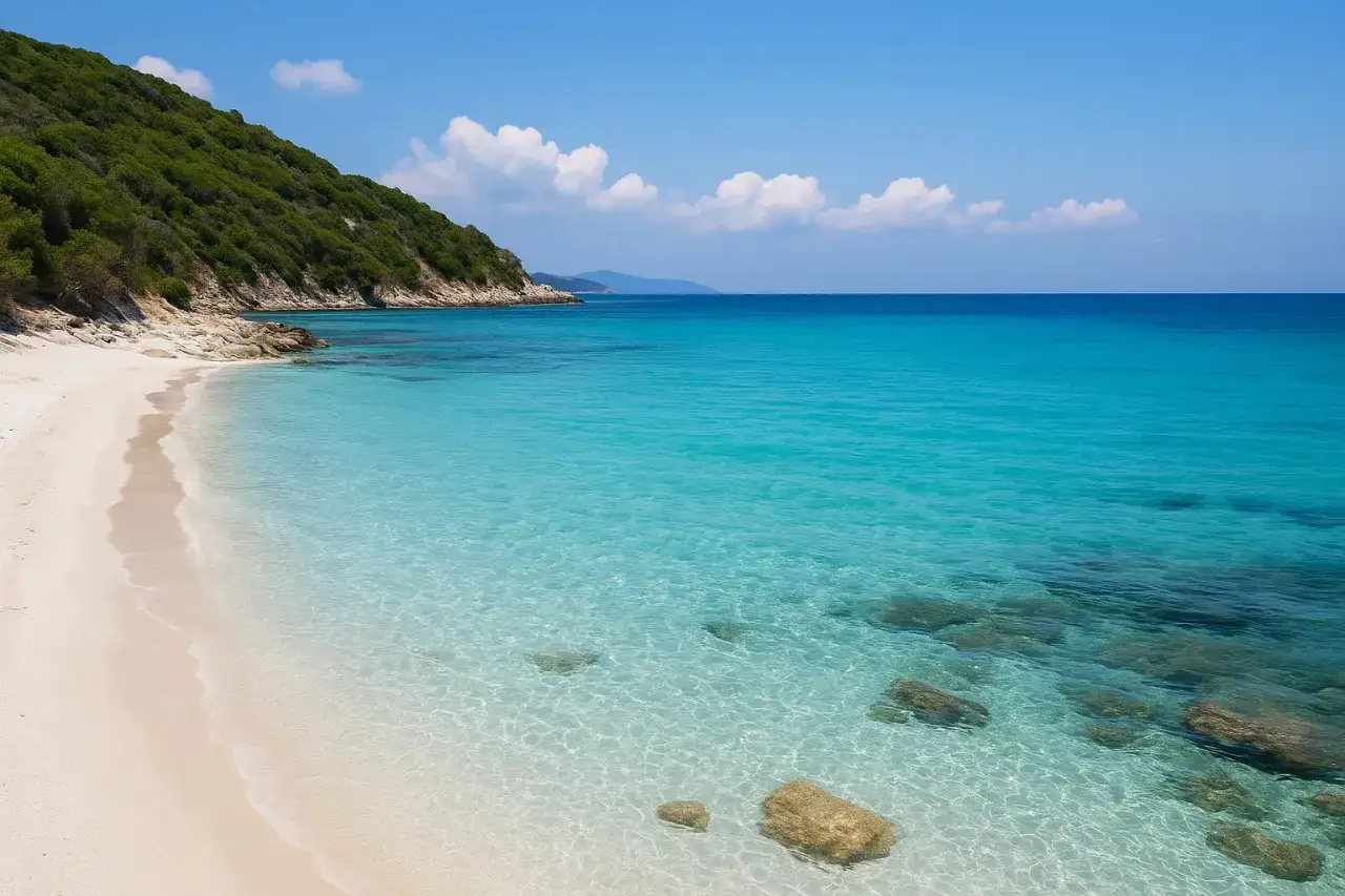 Spiaggia incontaminata con sabbia bianca toscana, acque cristalline turchesi e una collina verdeggiante.