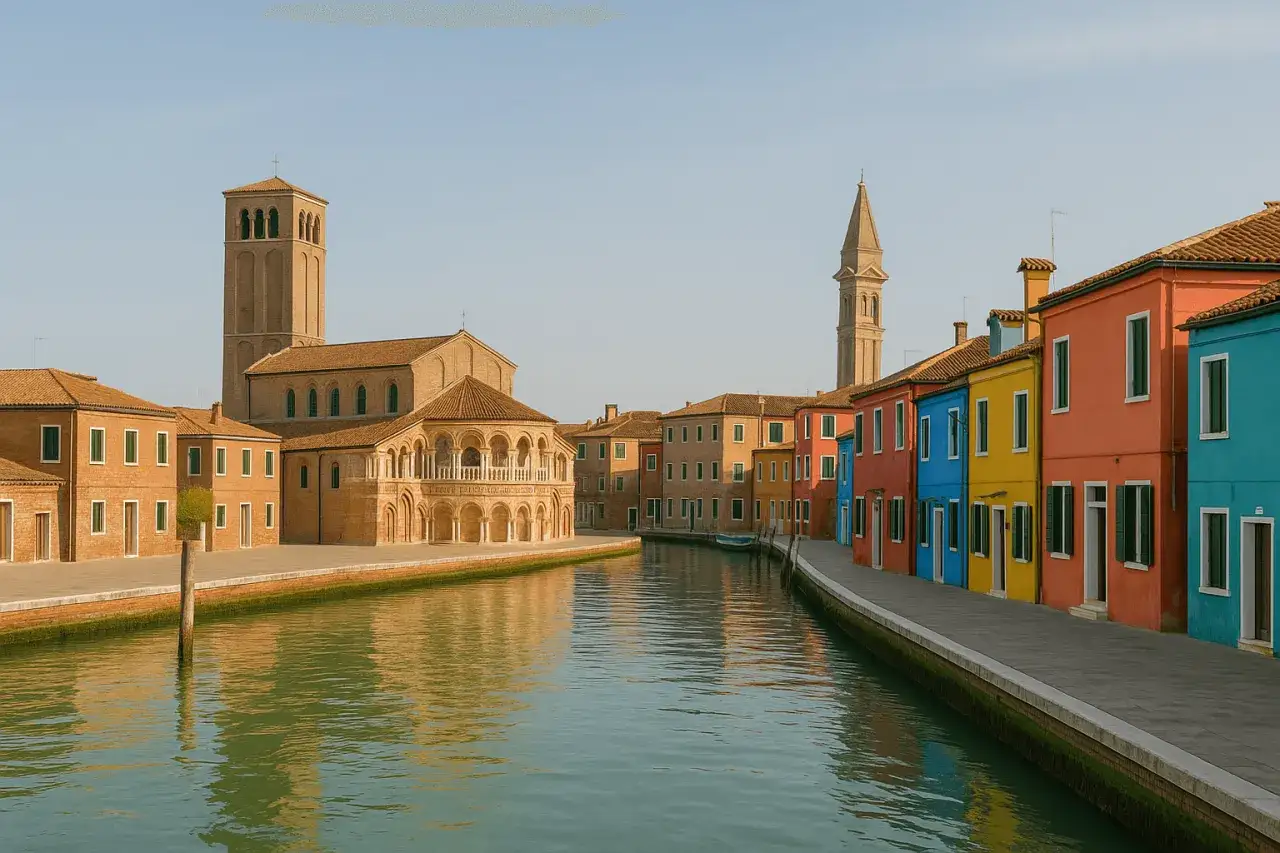 Canale di Burano con case colorate e chiese antiche, un'atmosfera magica che ricorda anche Murano.