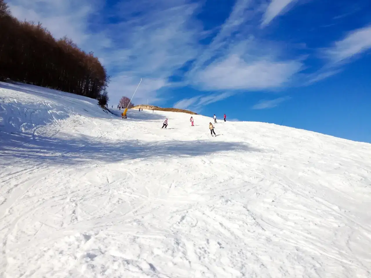 Pista da sci innevata in Abruzzo, con sciatori che scendono sotto un cielo azzurro e nuvoloso. Ideale per chi cerca dove andare sulla neve.