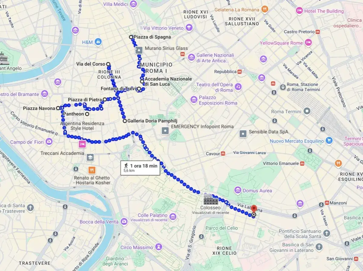 Un itinerario a piedi per cosa vedere a Roma in 2 giorni: da Piazza di Spagna al Colosseo, passando per Fontana di Trevi, Pantheon e Fori Imperiali.