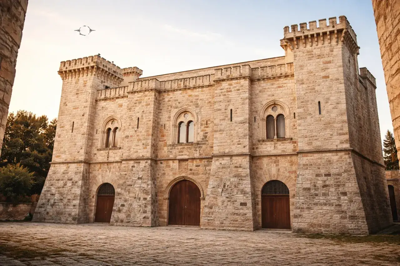 Castello medievale a Sammichele di Bari, con torri merlate e finestre ad arco. Un aereo vola nel cielo al tramonto.