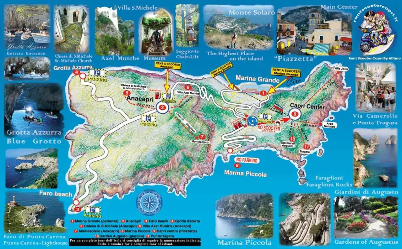 Mappa di Capri: come visitare l'isola, con punti d'interesse come la Grotta Azzurra, Anacapri, Marina Grande e i Giardini di Augusto.