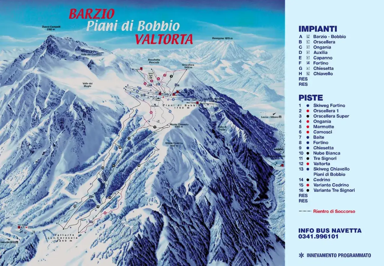Mappa delle piste da sci di Piani di Bobbio e Valtorta, con impianti e sentieri segnati.