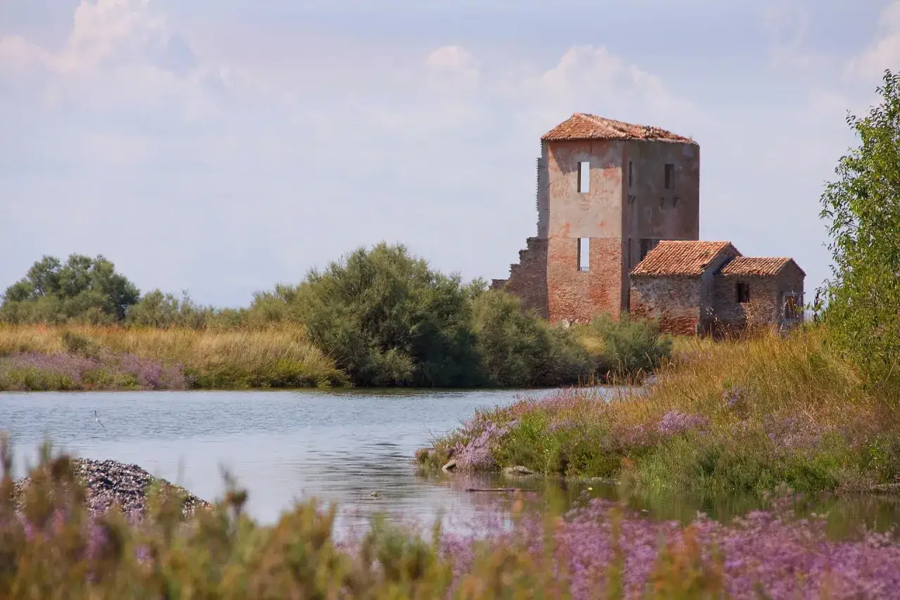 Antica torre in rovina e casolari, circondati da vegetazione e fiori viola, ricordano i paesi belli vicino a Ferrara, immersi nella quiete della natura.