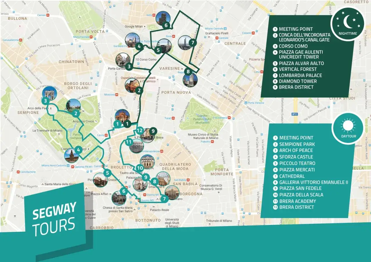 Mappa per visitare Milano a piedi, con itinerari per tour diurni e notturni, segway tours e punti di interesse.