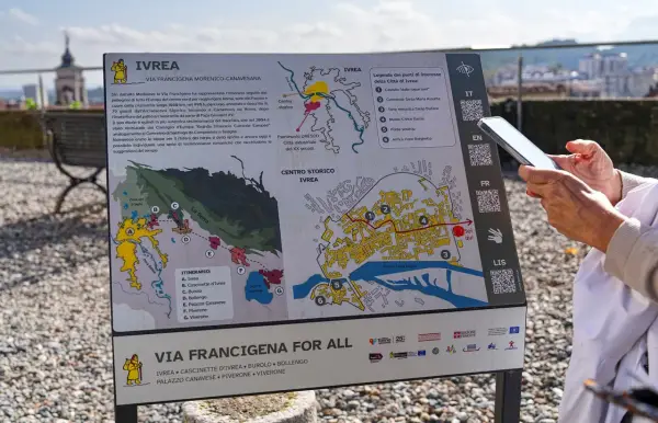 Cartello informativo sulla Via Francigena a Ivrea, con mappa del centro storico e itinerario. Un turista usa lo smartphone per leggere le informazioni.
