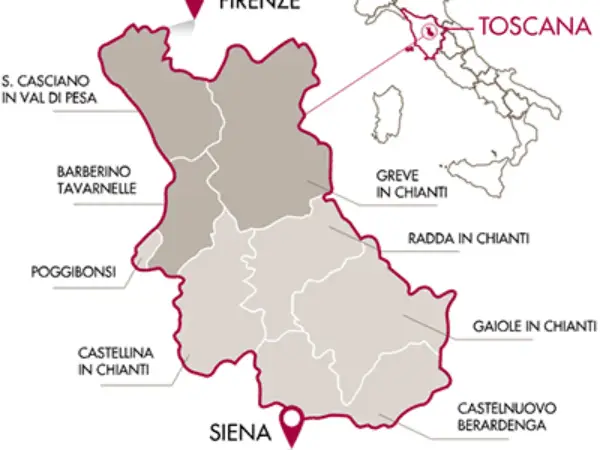 Mappa della Toscana che illustra la zona del Chianti. Le aree evidenziate mostrano la differenza tra Chianti e Chianti Classico, con i comuni principali.
