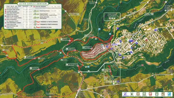 Mappa delle Vie Cave e sentieri, con itinerari che attraversano il centro storico Pitigliano e le sue necropoli.