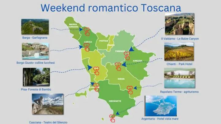 Mappa della Toscana con itinerari per un weekend romantico, inclusi tour cantine toscana, borghi e paesaggi mozzafiato.