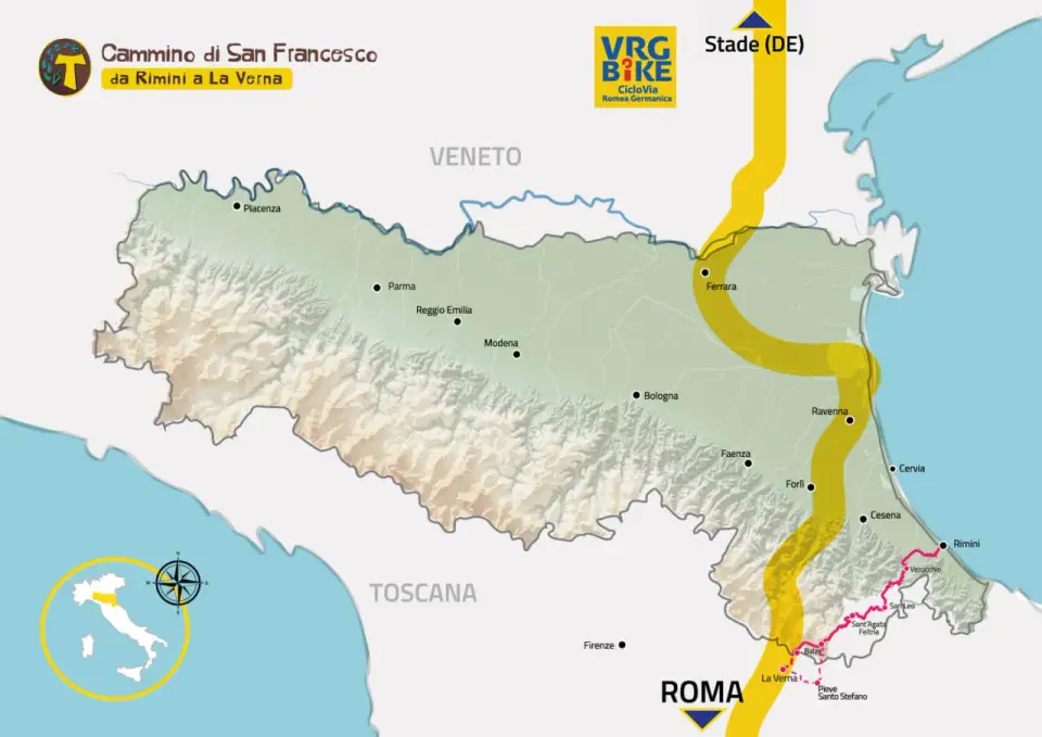 Mappa del Cammino di San Francesco da Rimini a La Verna, con percorso giallo e città segnate.